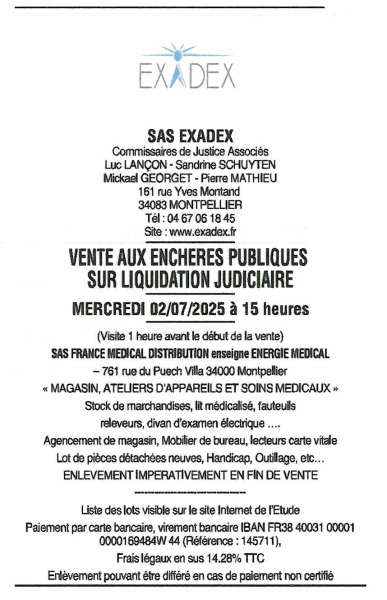 AVIS DE VENTE ENCHERES MATERIEL MEDICAL